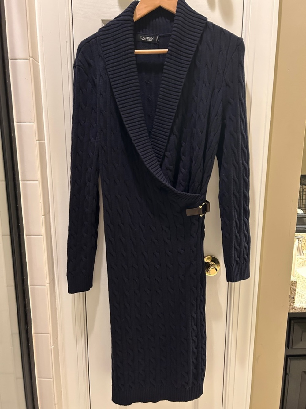 Lauren Ralph Lauren Navy Cable-Knit Shawl-Collar Midi Dress with Side Buckle
